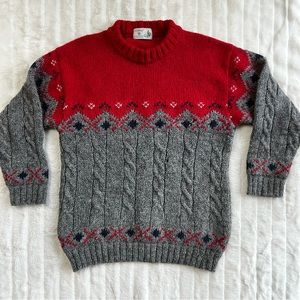 VINTAGE ST. MICHAEL red gray wool cable knit fair isle sweater